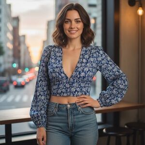 Boden Blue and White Floral Blouse